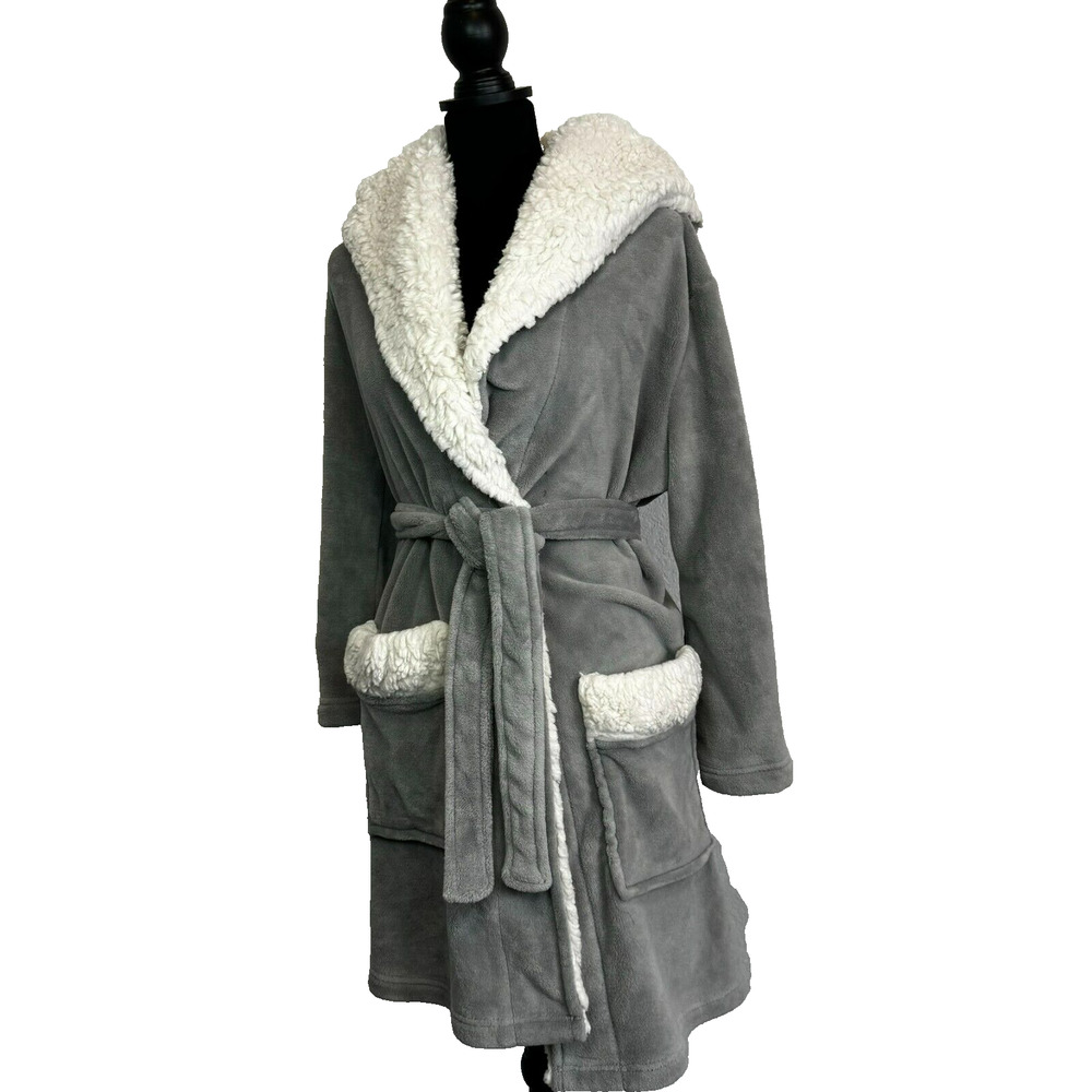 POTTERY BARN | One Size Teen Gray Cream Faux-Fur Trim Hooded Belted Robe Pockets